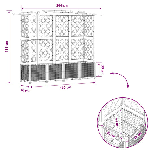 Hevet Bed med Trellis og Tak Lysegrå 204 x 40 x 138 cm PP