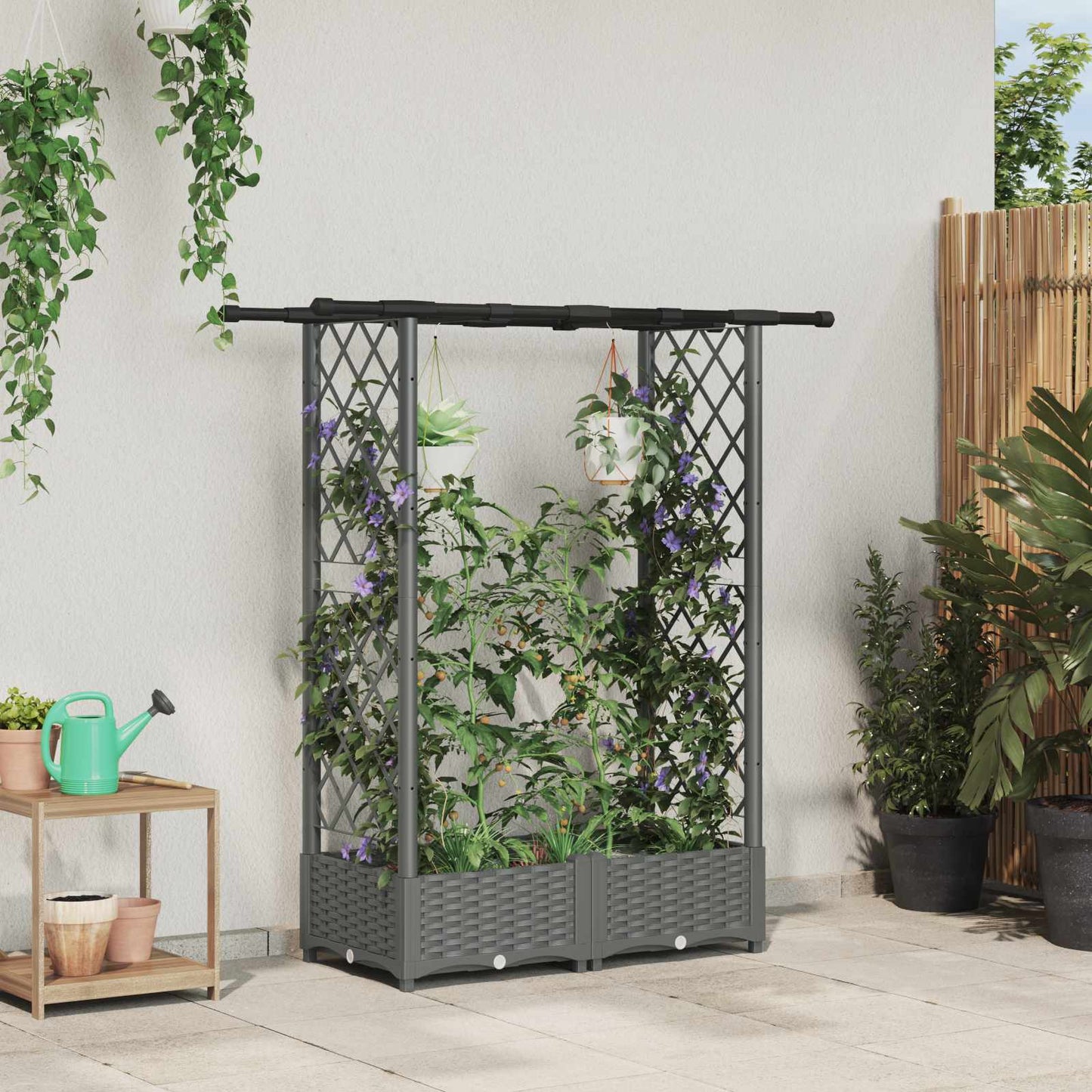 Hevet Bed med Trellis og Tak Lysegrå 122,5 x 40 x 121 cm PP