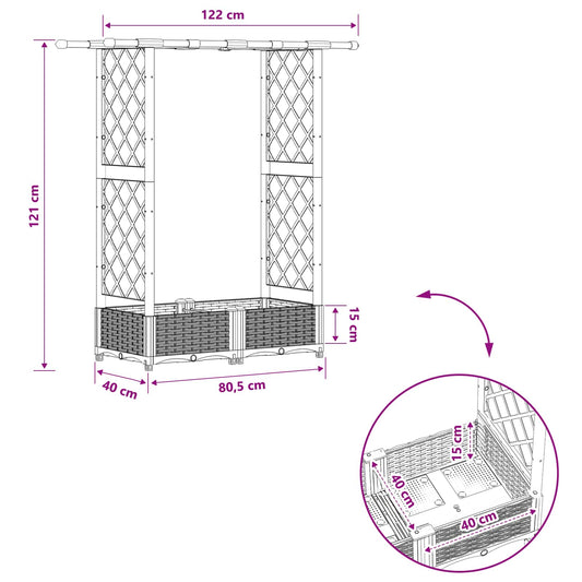 Hevet Bed med Trellis og Tak Lysegrå 122,5 x 40 x 121 cm PP