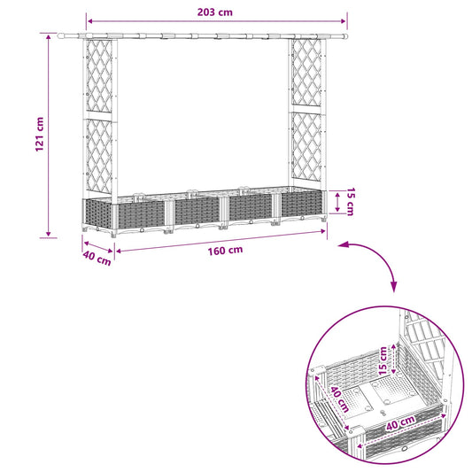 Hevet Bed med Trellis og Tak Lysegrå 203 x 40 x 121 cm PP