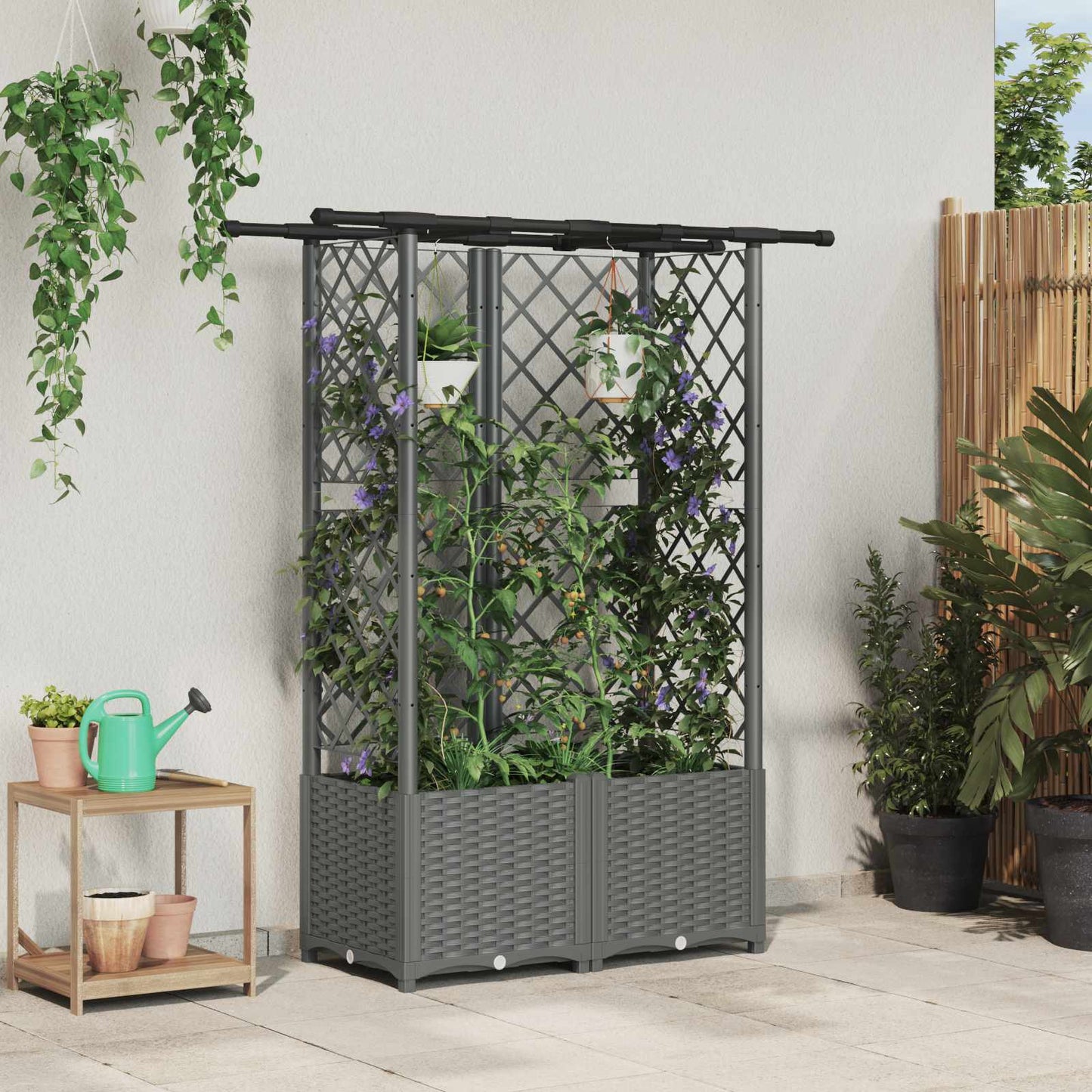 Hevet Bed med Trellis og Tak Lysegrå 124,5 x 40 x 138 cm PP