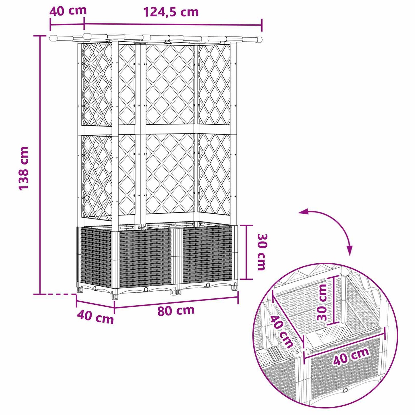 Hevet Bed med Trellis og Tak Lysegrå 124,5 x 40 x 138 cm PP
