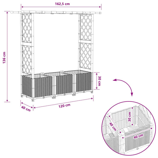 Hevet Bed med Trellis og Tak Lysegrå 162,5 x 40 x 136 cm PP