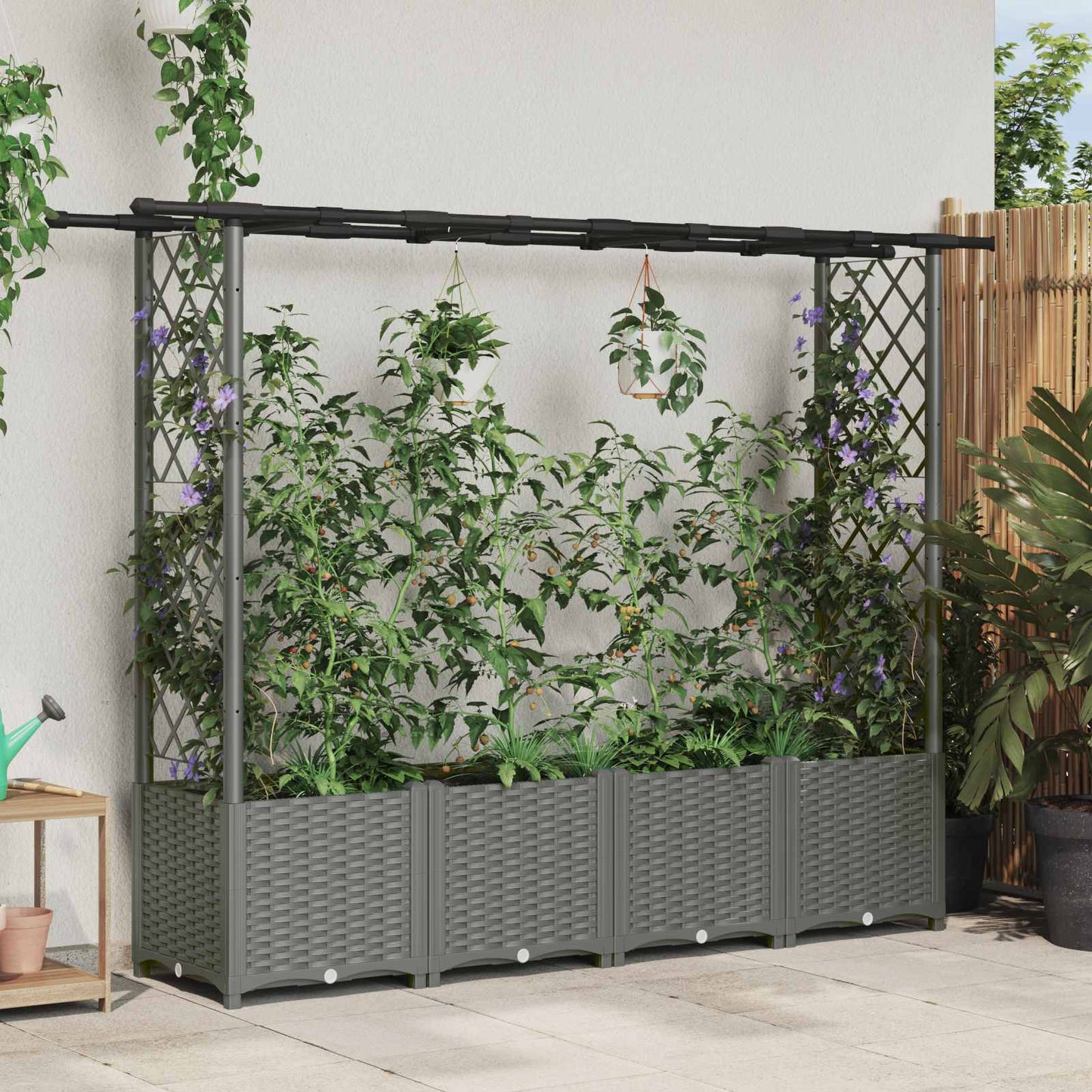Hevet Bed med Trellis og Tak Lysegrå 203 x 40 x 136 cm PP