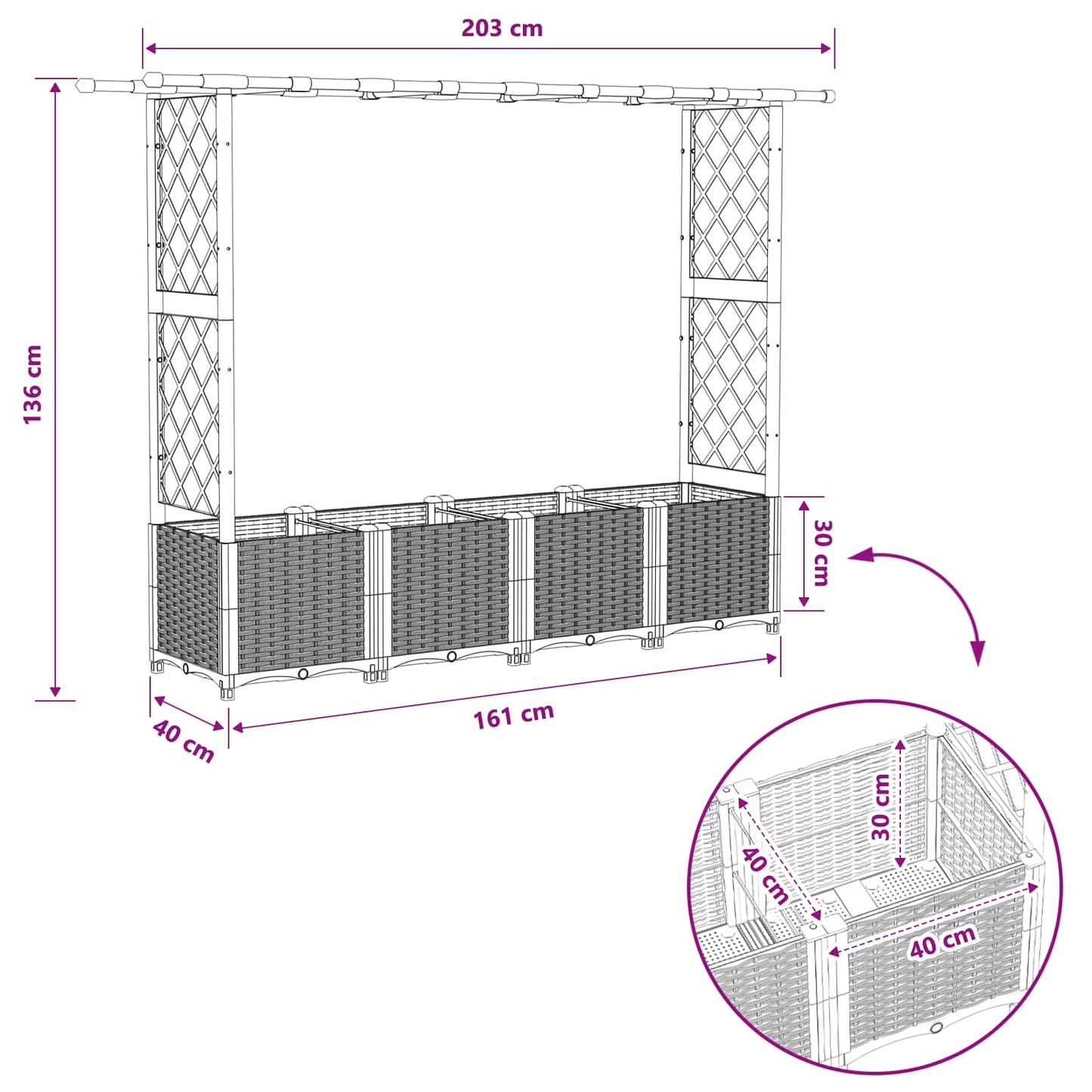 Hevet Bed med Trellis og Tak Lysegrå 203 x 40 x 136 cm PP