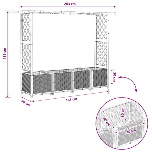 Hevet Bed med Trellis og Tak Lysegrå 203 x 40 x 136 cm PP