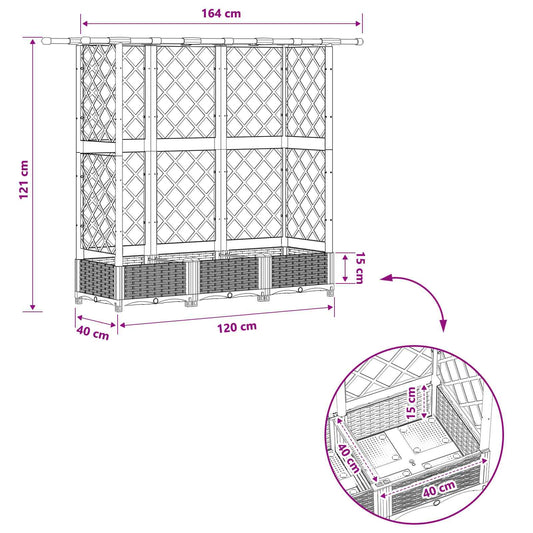 Hevet Bed med Trellis og Tak Lysegrå 164 x 40 x 121 cm PP