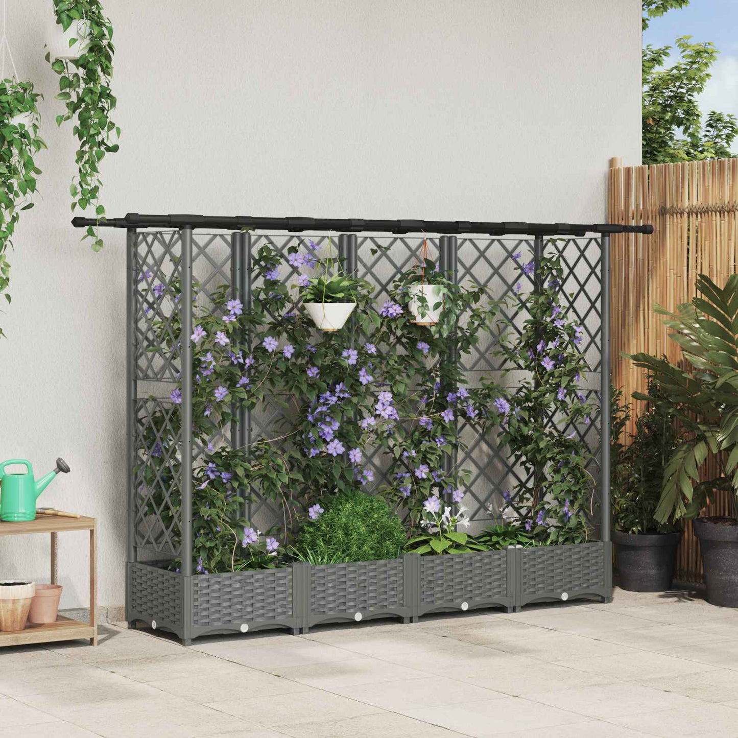 Hevet Bed med Trellis og Tak Lysegrå 202,5 x 40 x 121 cm PP