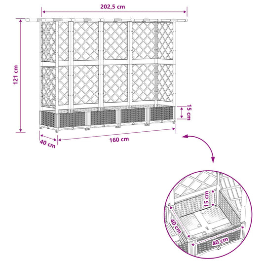 Hevet Bed med Trellis og Tak Lysegrå 202,5 x 40 x 121 cm PP