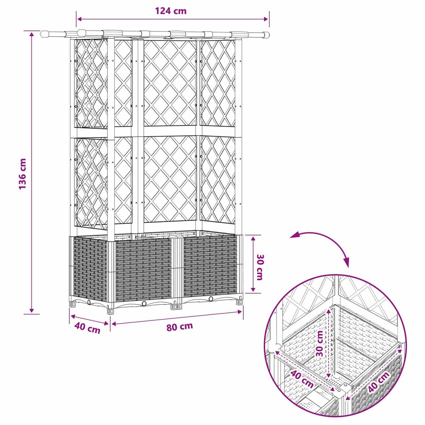 Hevet Bed med Trellis og Tak Lysegrå 124 x 40 x 136 cm PP