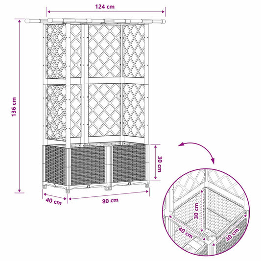 Hevet Bed med Trellis og Tak Lysegrå 124 x 40 x 136 cm PP