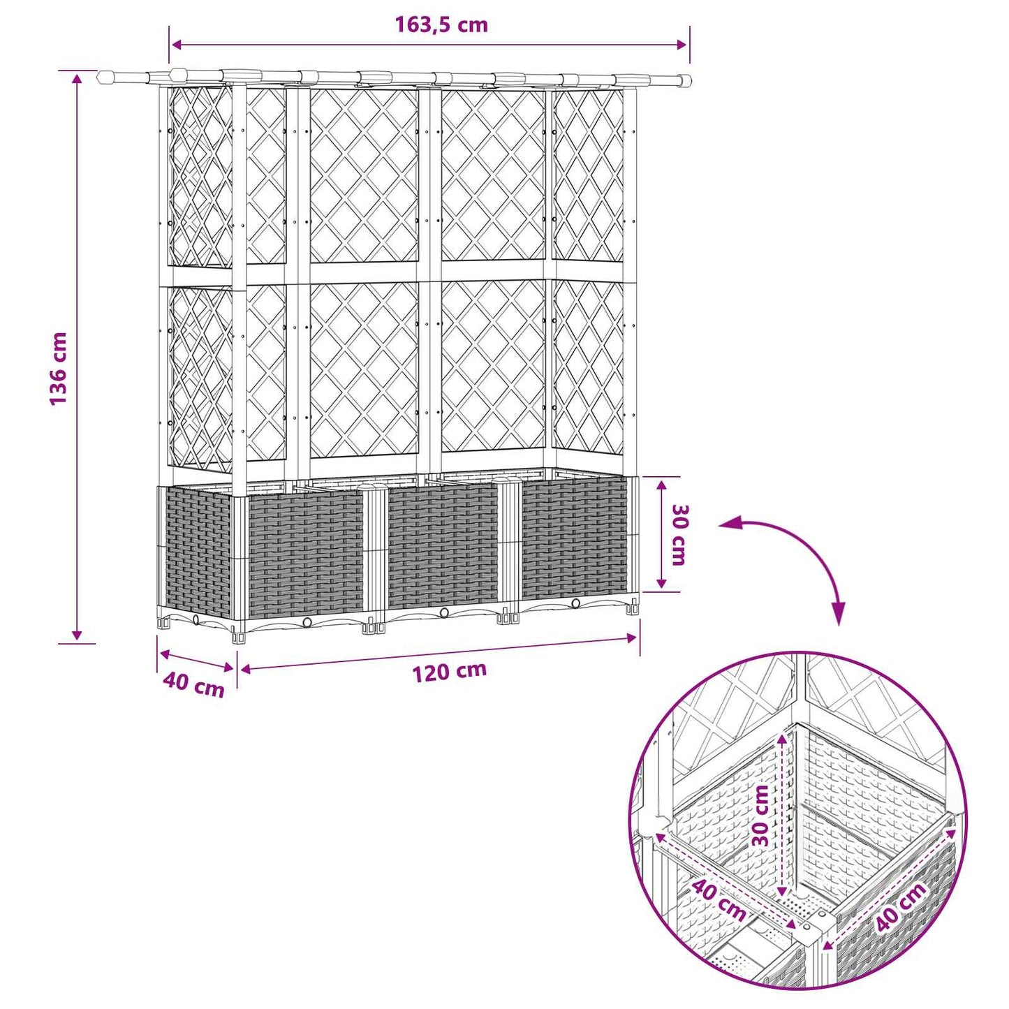 Hevet Bed med Trellis og Tak Lysegrå 163,5 x 40 x 136 cm PP