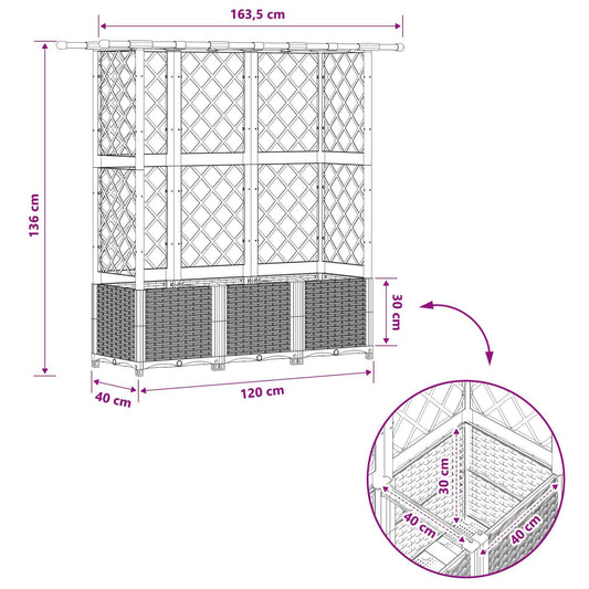 Hevet Bed med Trellis og Tak Lysegrå 163,5 x 40 x 136 cm PP