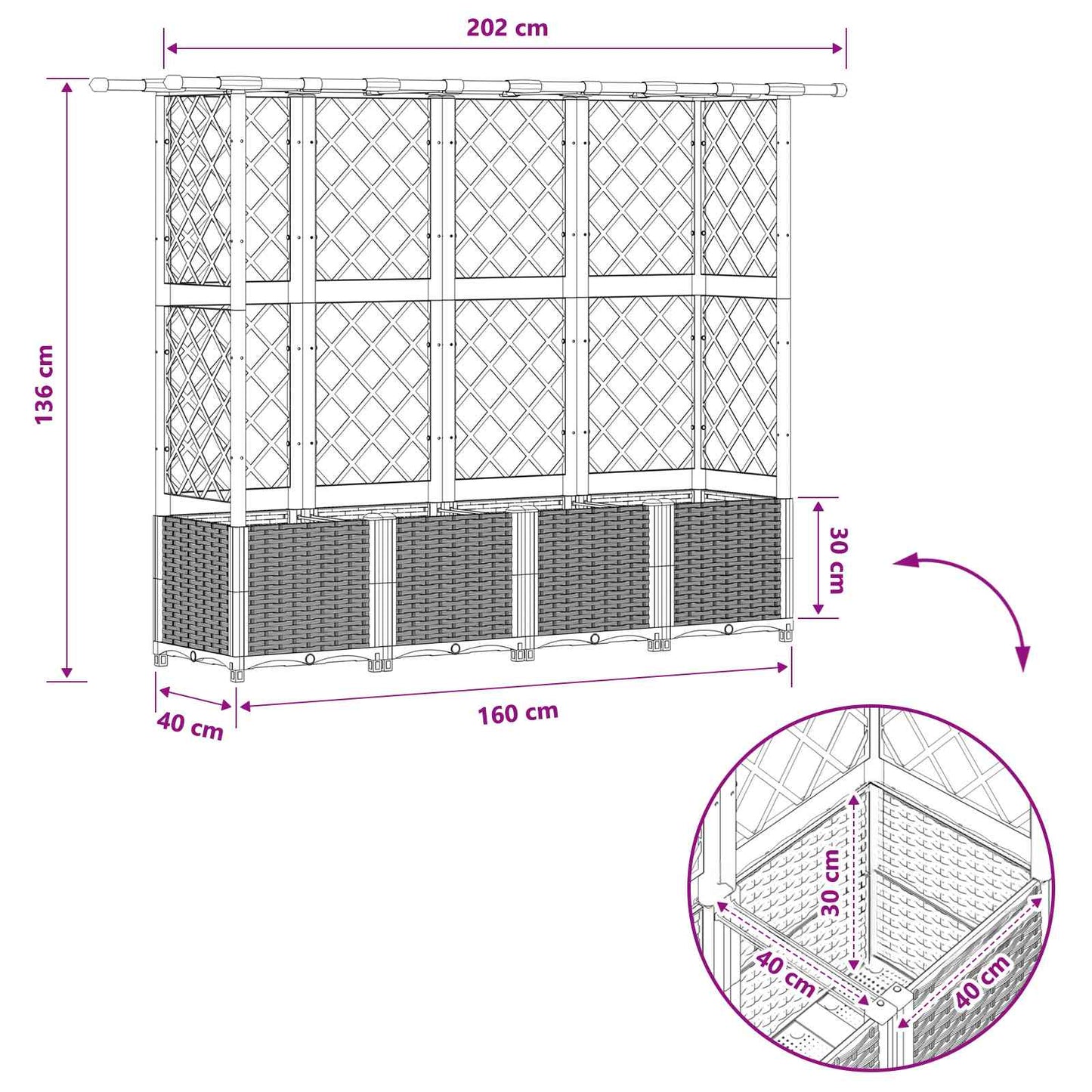 Hevet Bed med Trellis og Tak Lysegrå 202 x 40 x 136 cm PP