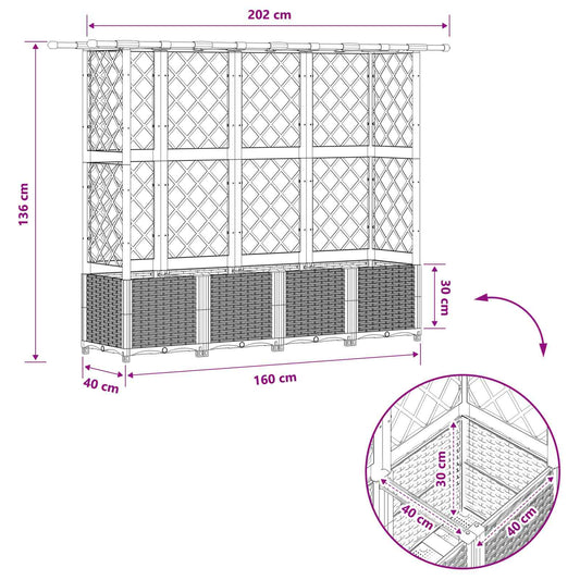 Hevet Bed med Trellis og Tak Lysegrå 202 x 40 x 136 cm PP