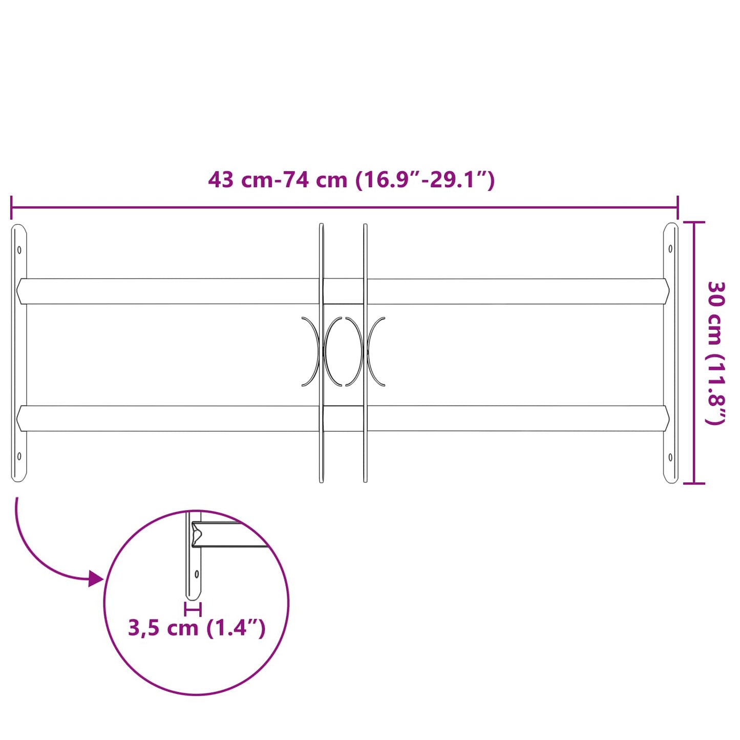 Sikkerhetsgitter for vinduer med 2 tverrbjelker 3 pcs 43-74 cm