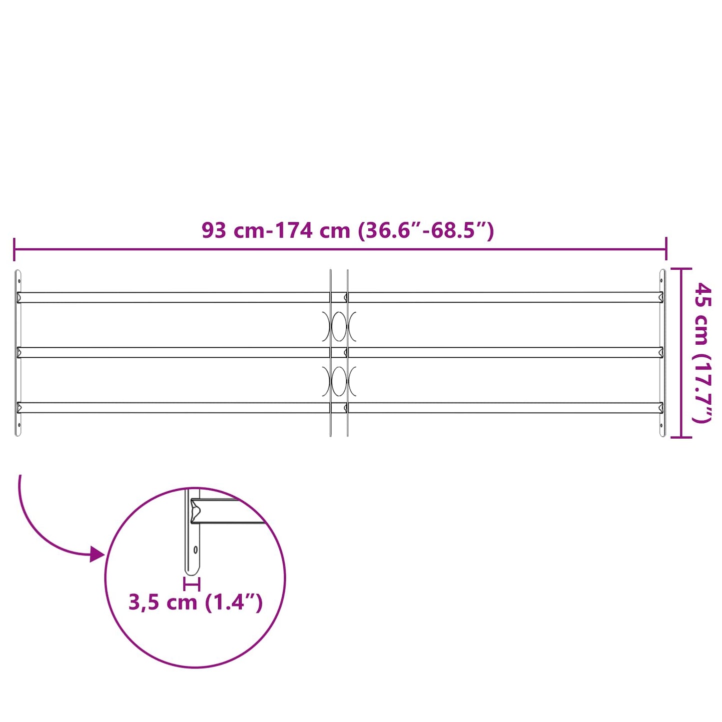 Sikkerhetsgitter for vinduer med 3 tverrbjelker 3 pcs 93-174 cm