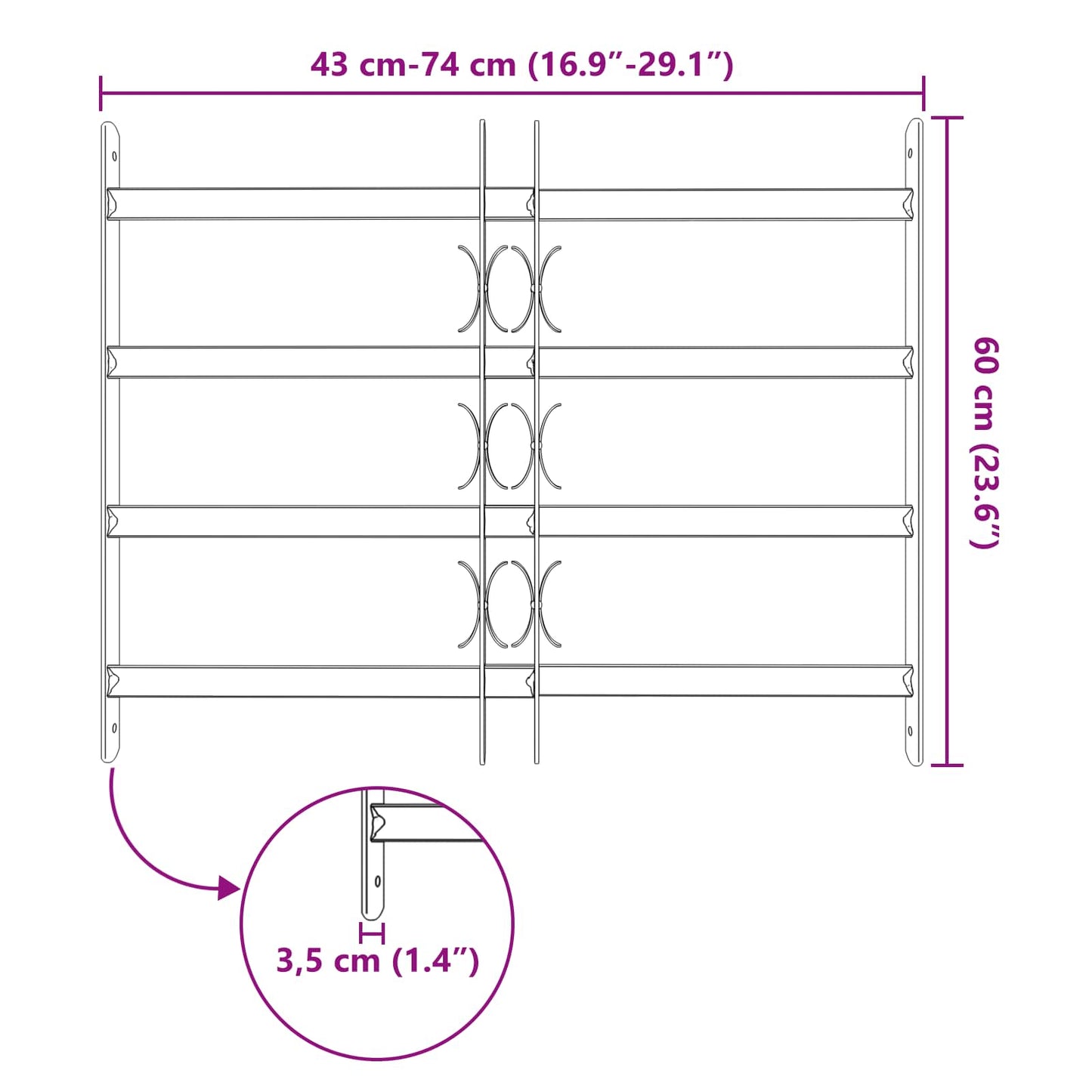 Sikkerhetsgitter for vinduer med 4 tverrbjelker 3 pcs 43-74 cm