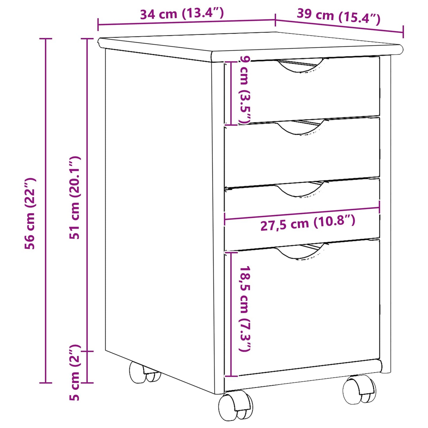 Rullende skap med hjul Brun 34 x 39 x 56 cm Massiv furu