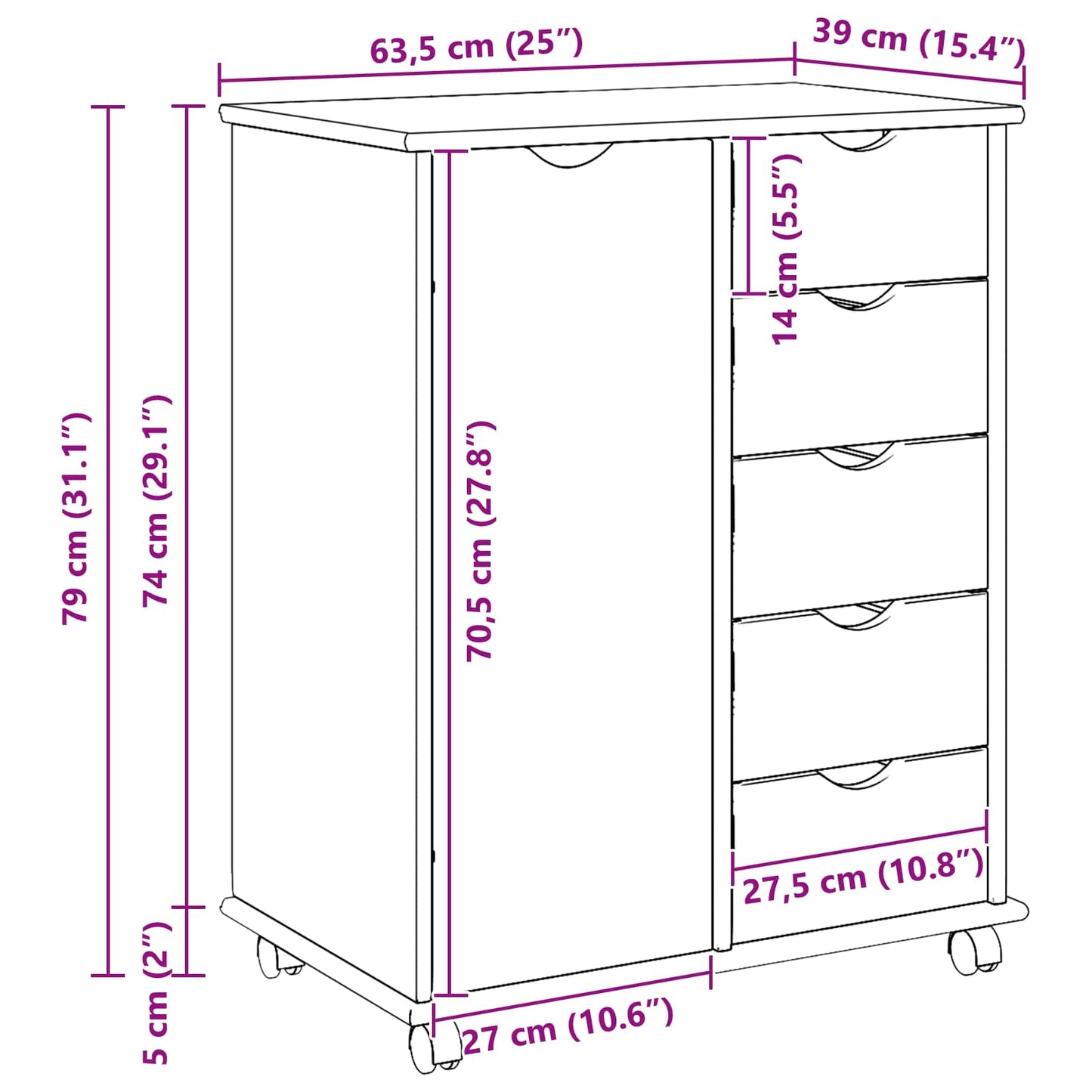 Rullende skap med hjul Brun 63,5 x 39 x 79 cm Massiv furu