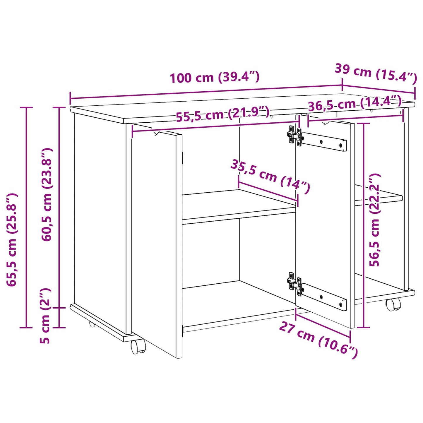 Rullende skap med hjul Brun 100 x 39 x 65,5 cm Massiv furu