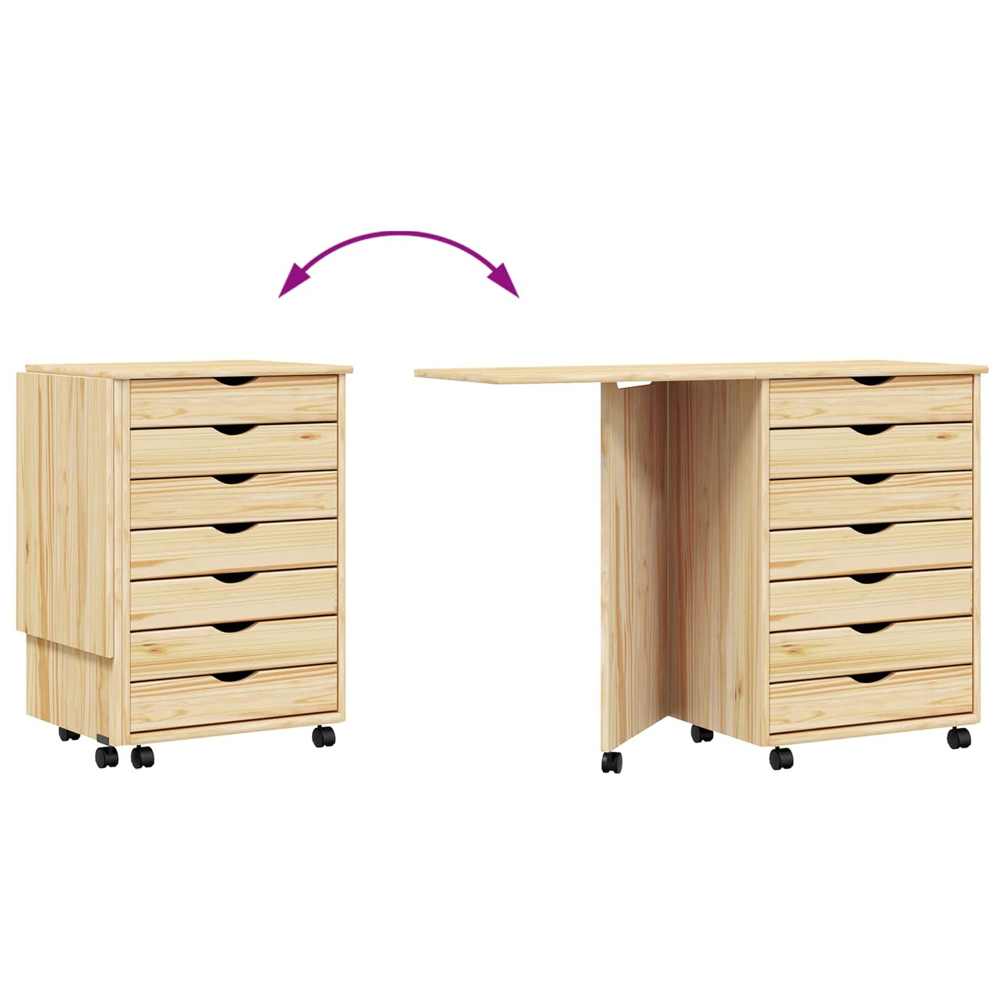 Rullende skap med skrivebord MOSS Klar lakk Massivt furutre