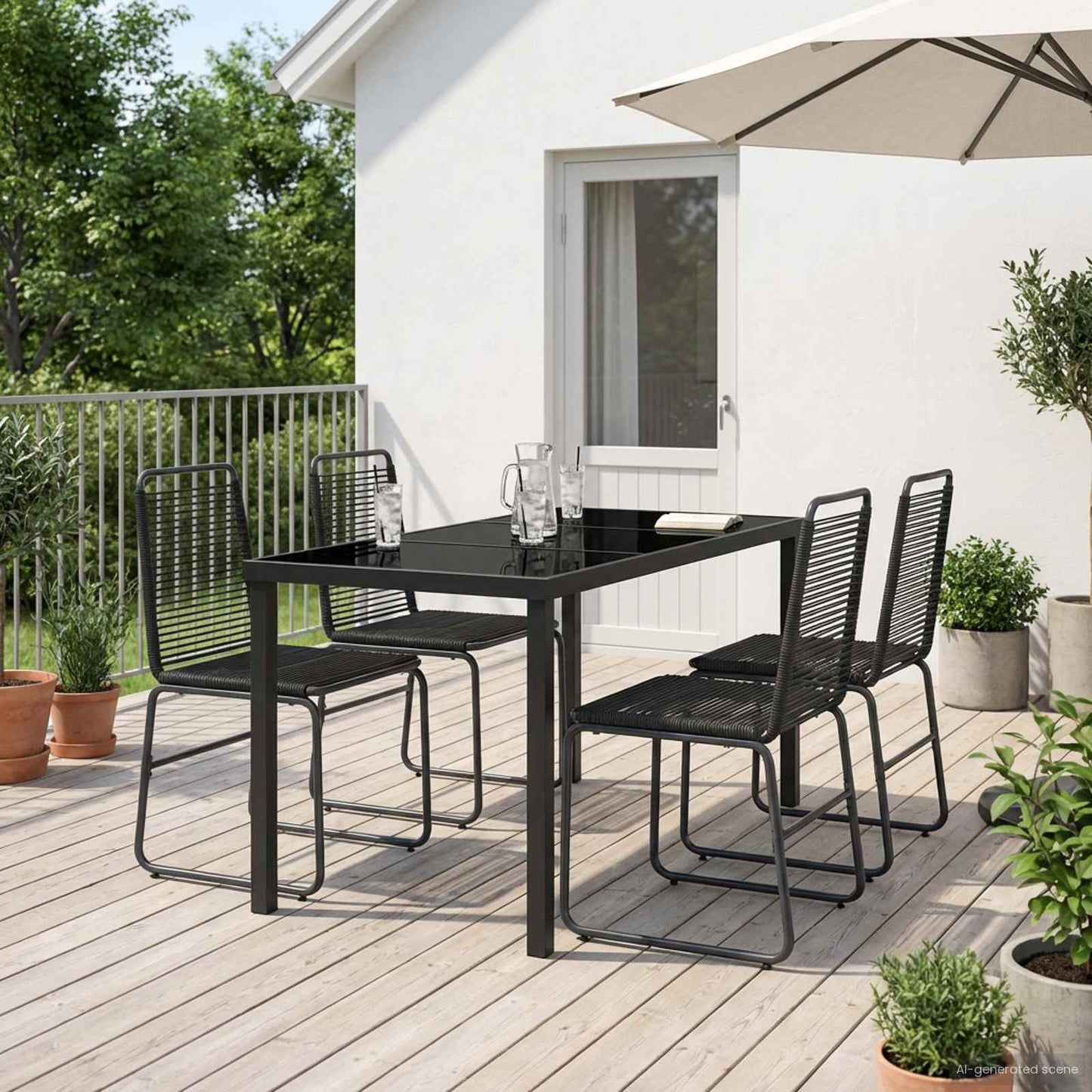Hagesett 5 stk. Svart Metall og Rattan