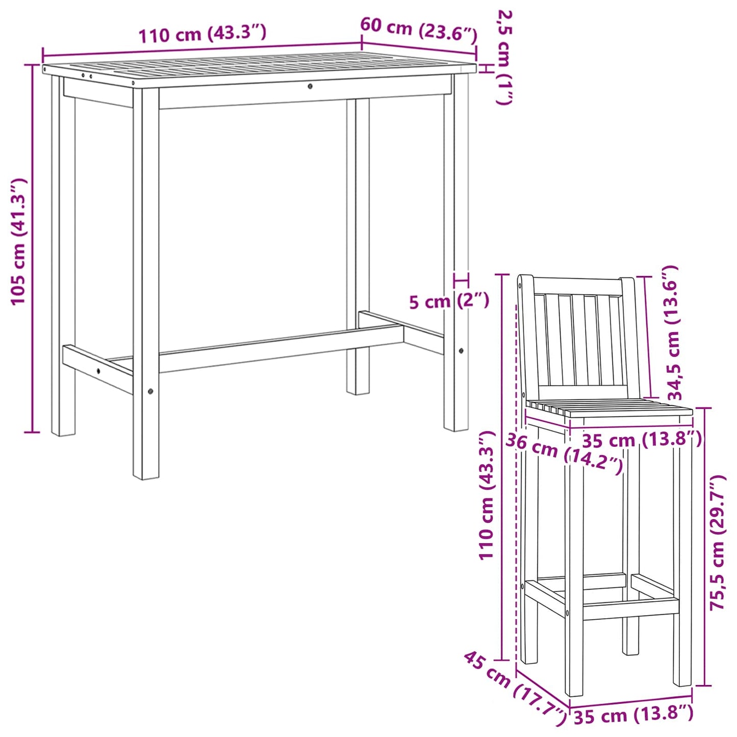 Ute Barsett 5 pcs Ubehandlet Massivt Teaktre