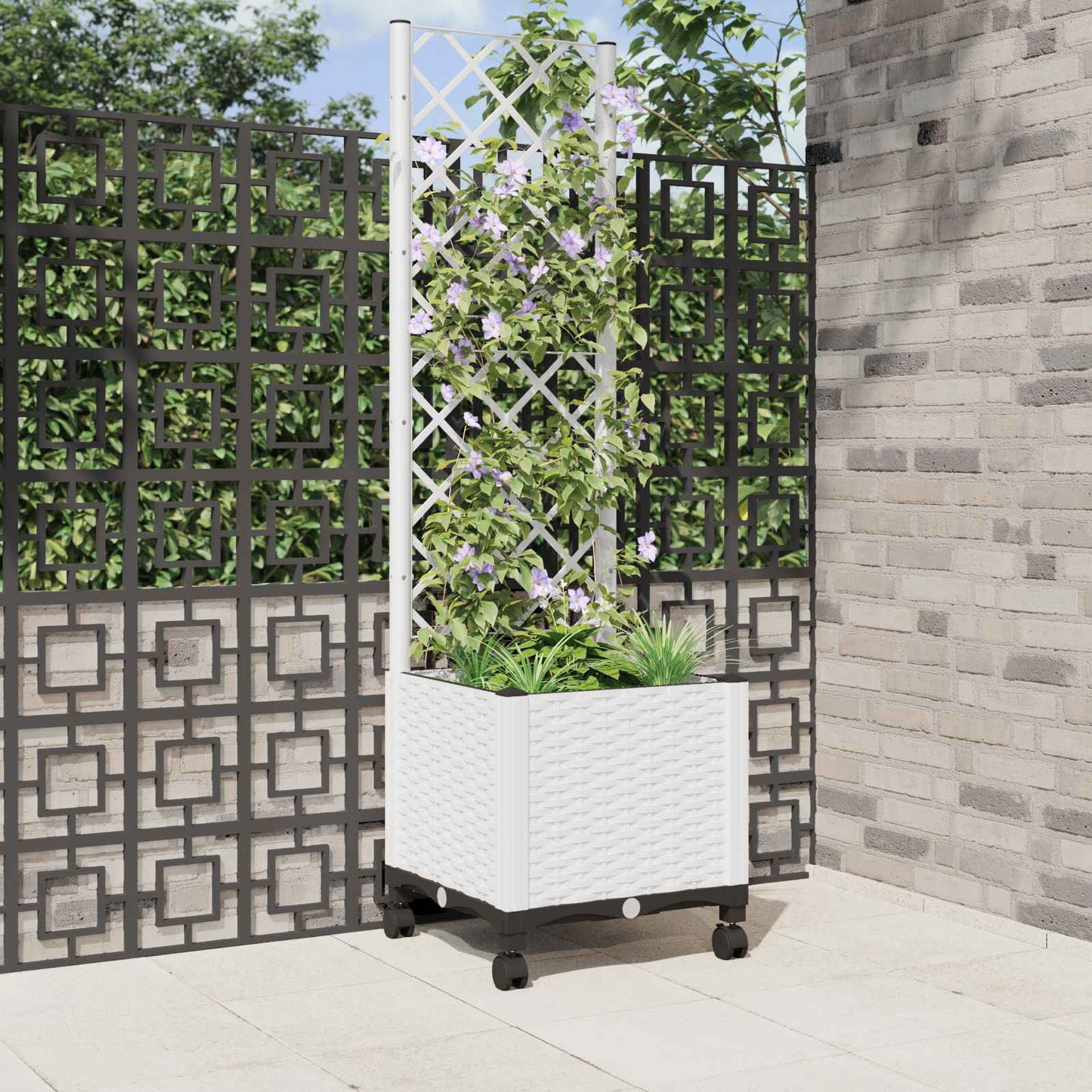 Hageplanter med espalier og hjul Hvit 40 x 40 x 146 cm PP