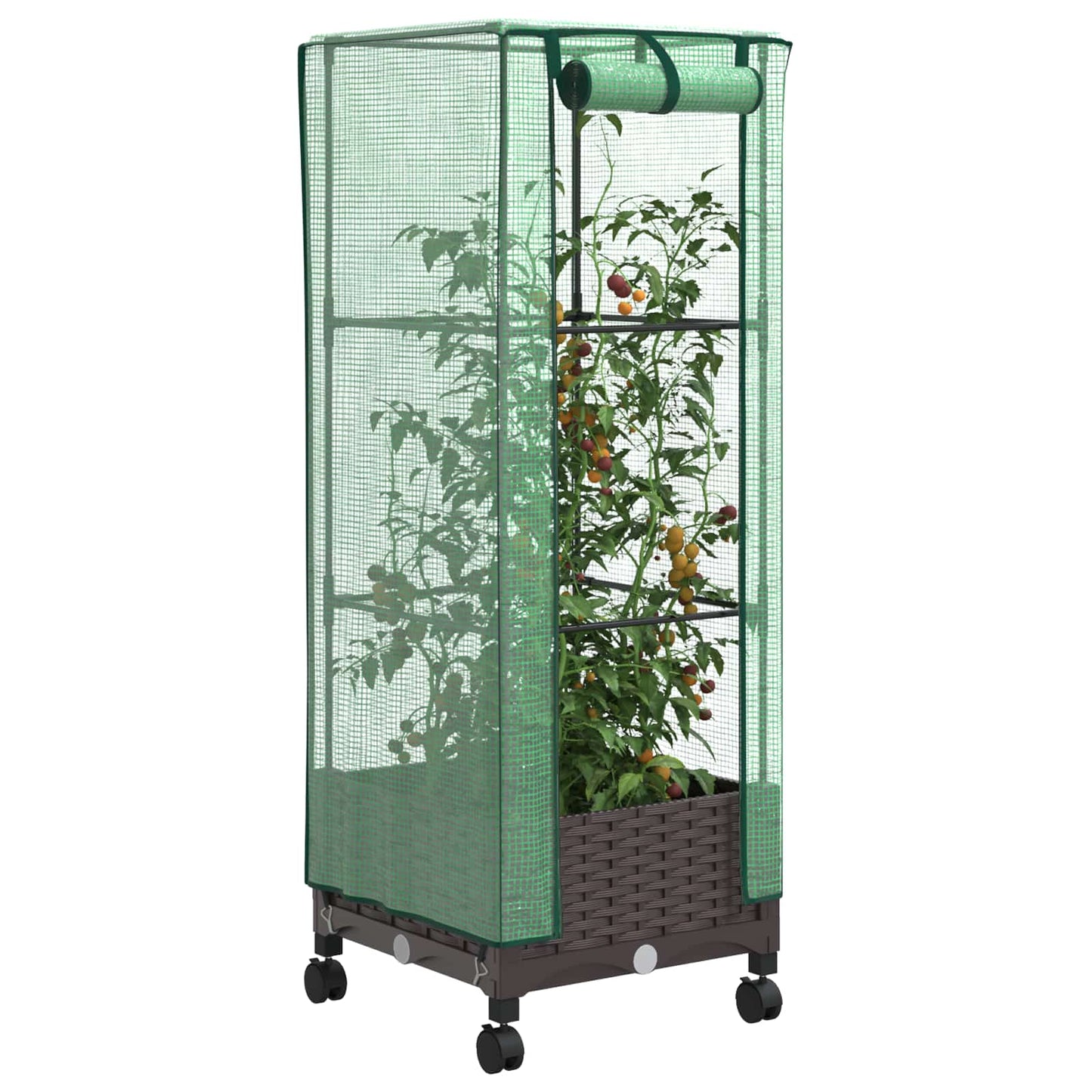 Hageplantekasse med drivhusdeksel og hjul Brun 40 x 40 x 129 cm