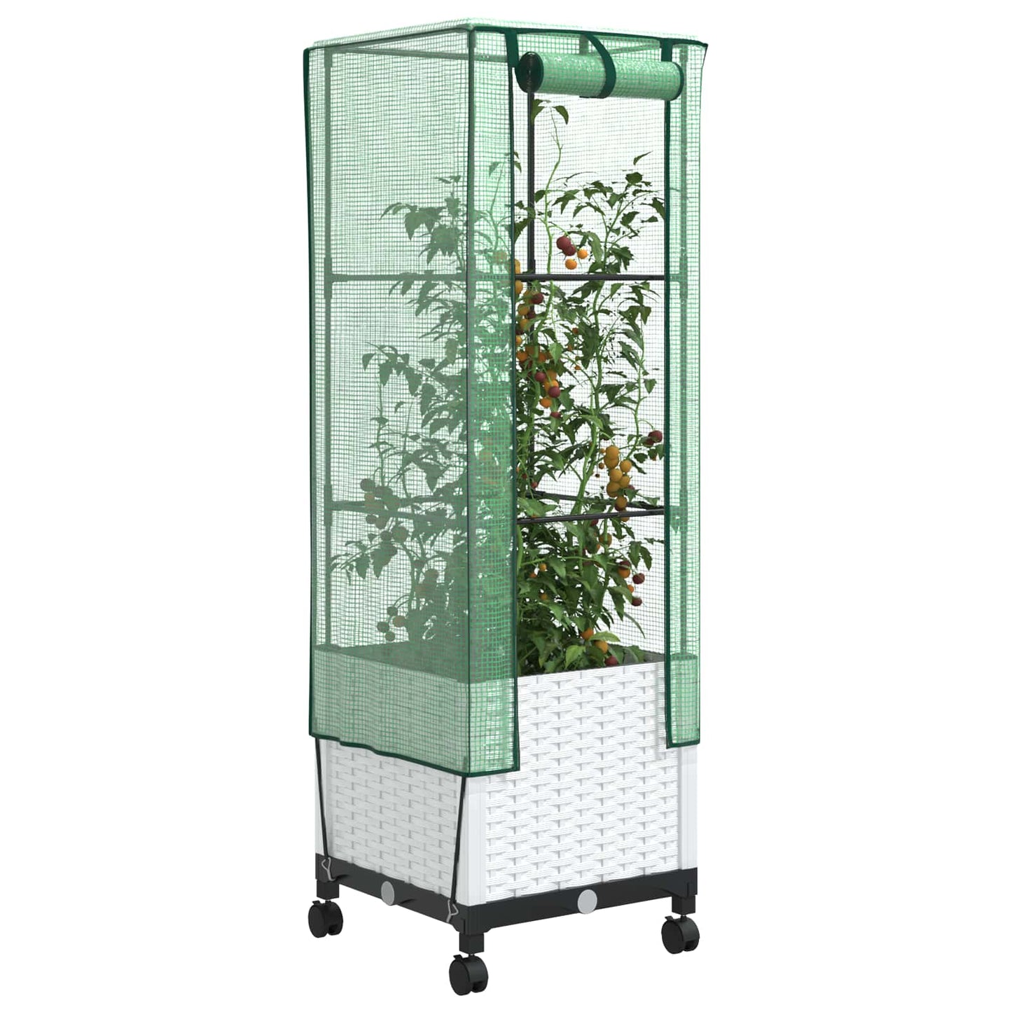 Hageplantekasse med drivhusdeksel og hjul Hvit 40 x 40 x 145 cm