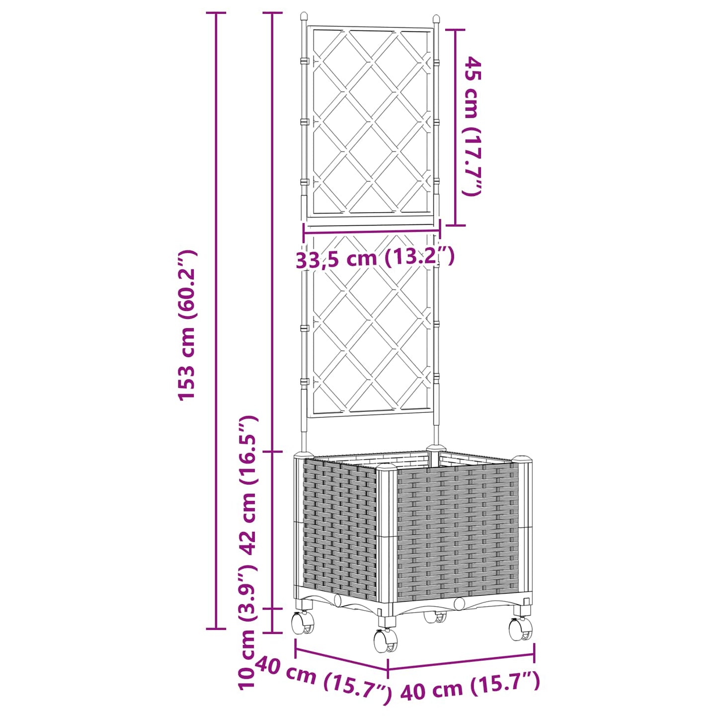 Hageplanter med espalier og hjul Grå 40 x 40 x 149 cm PP