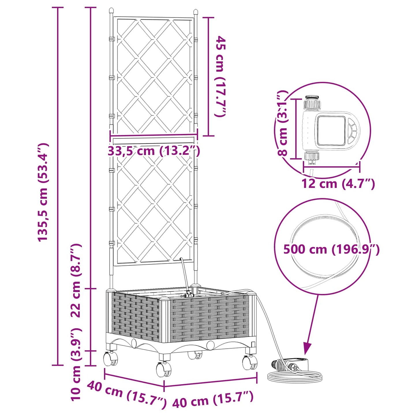 Hageplantekasse med vanning og hjul Brun 40 x 40 x 132 cm PP