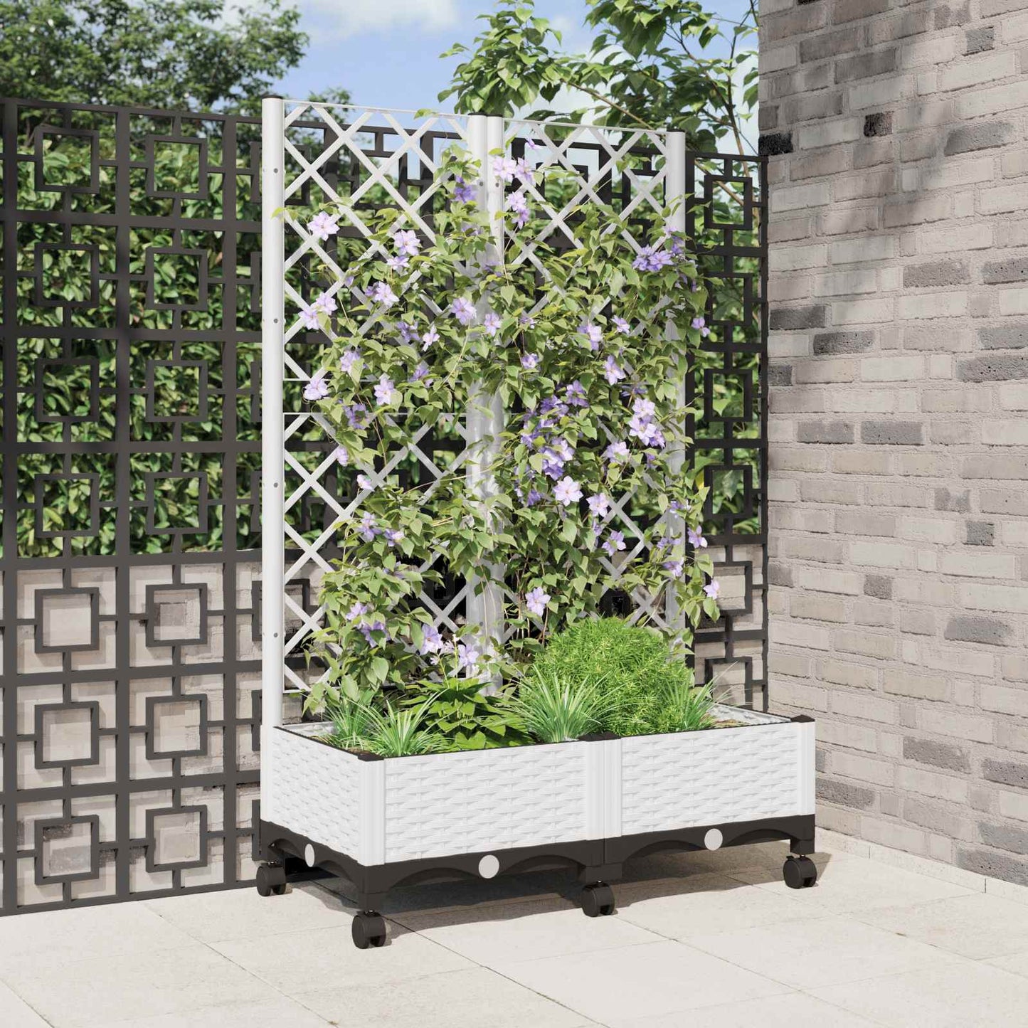 Hageplanter med espalier og hjul Hvit 80 x 40 x 131,5 cm PP