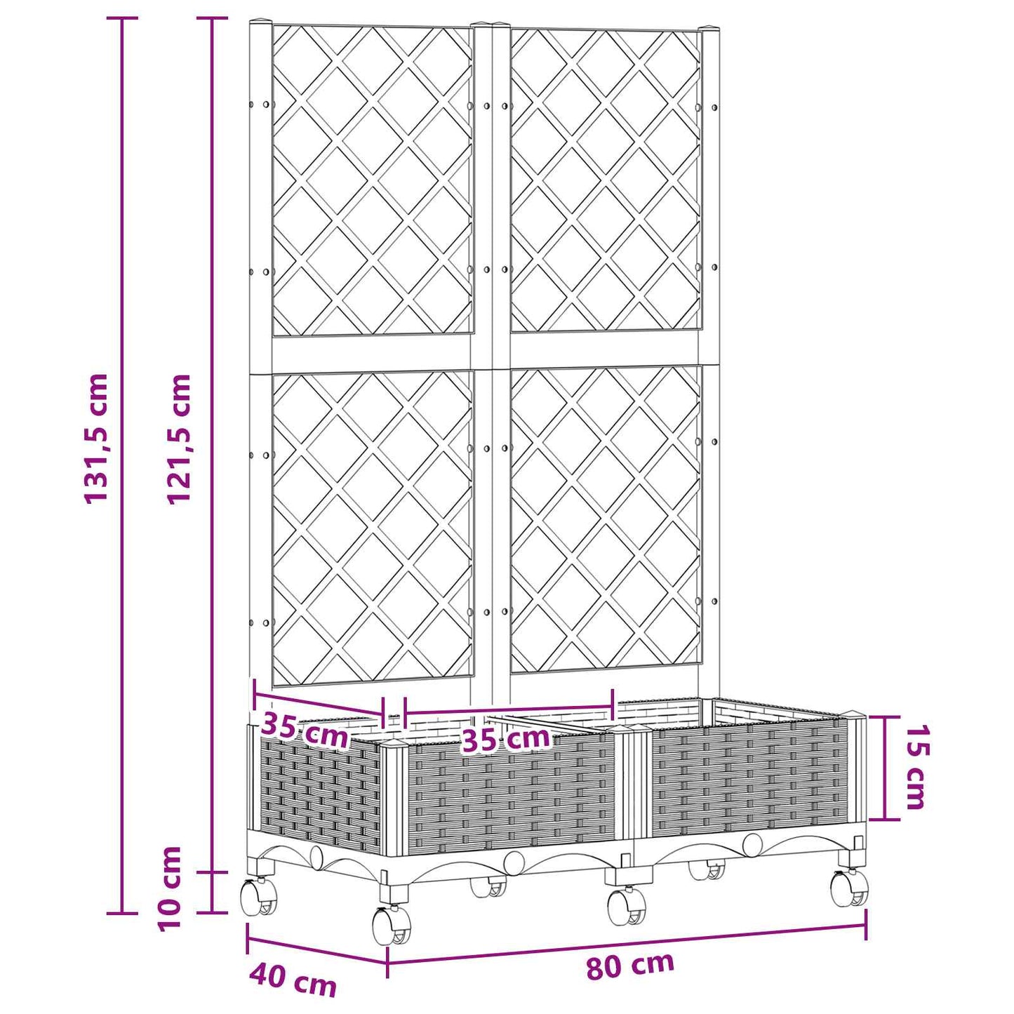 Hageplanter med espalier og hjul Hvit 80 x 40 x 131,5 cm PP