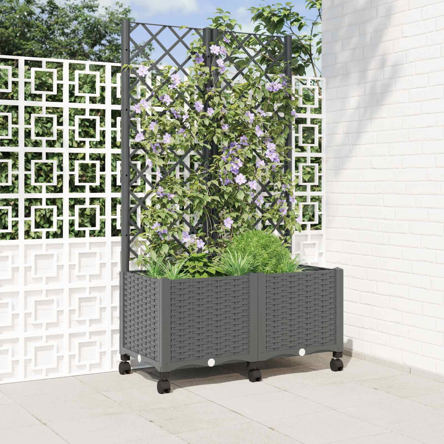 Hageplanter med espalier og hjul Lysegrå 80 x 40 x 146 cm PP