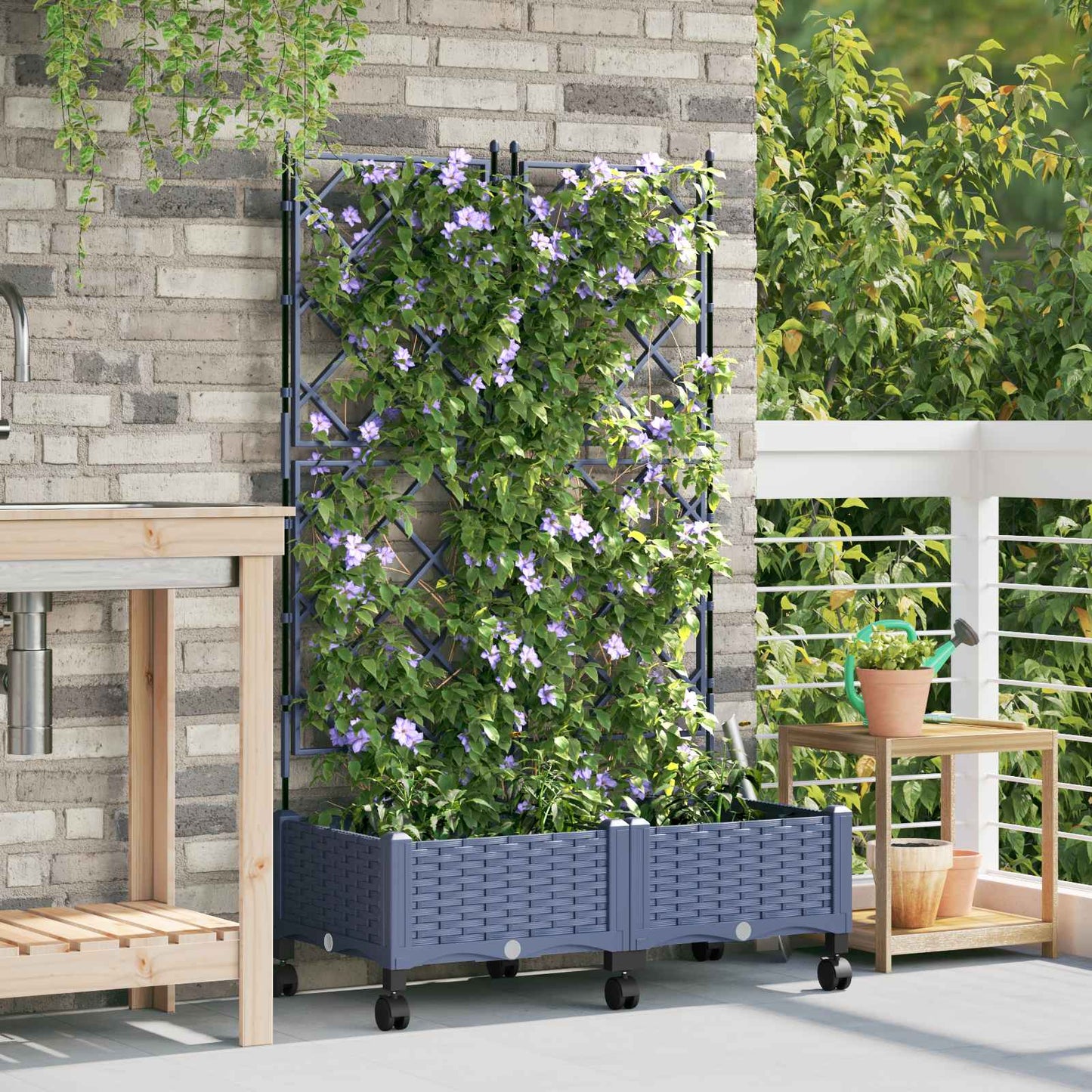 Hageplanter med espalier og hjul 2 stk. Grå 80 x 40 x 131,5 cm