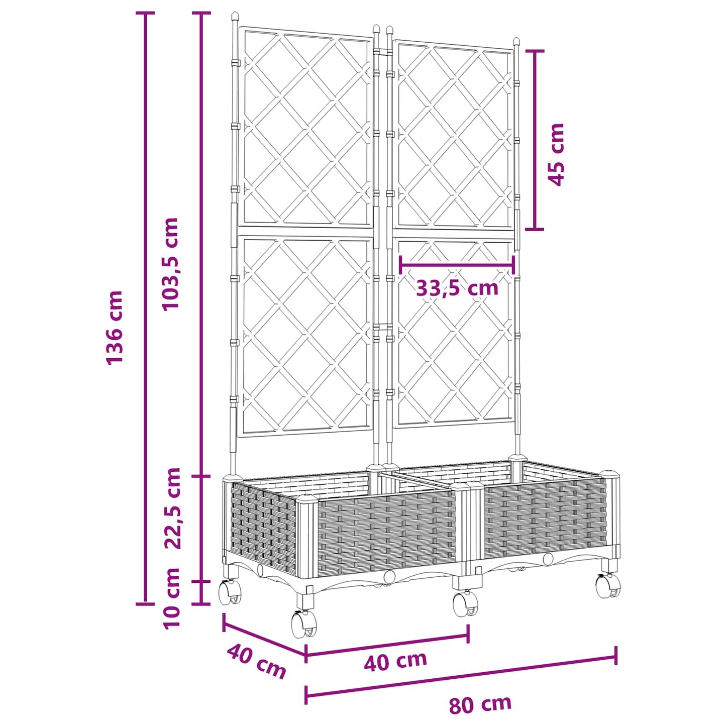 Hageplanter med espalier og hjul 2 stk. Grå 80 x 40 x 131,5 cm