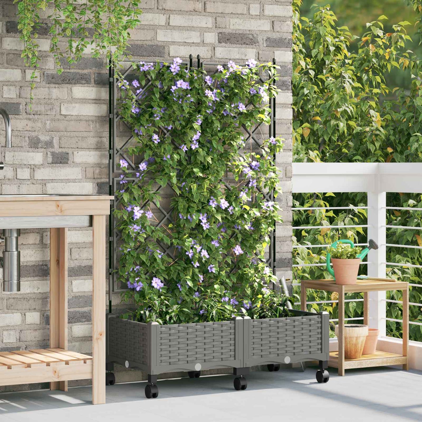 Hageplanter med espalier og hjul 2 stk. Lysegrå PP