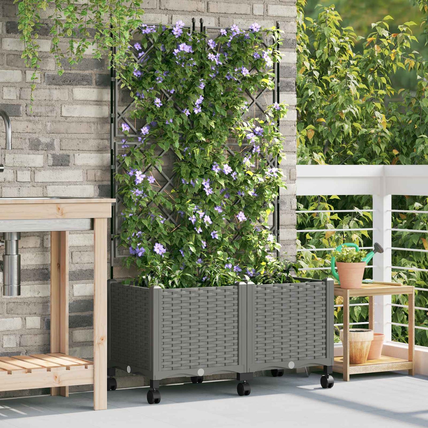 Hageplanter med espalier og hjul 2 stk. Lysegrå PP