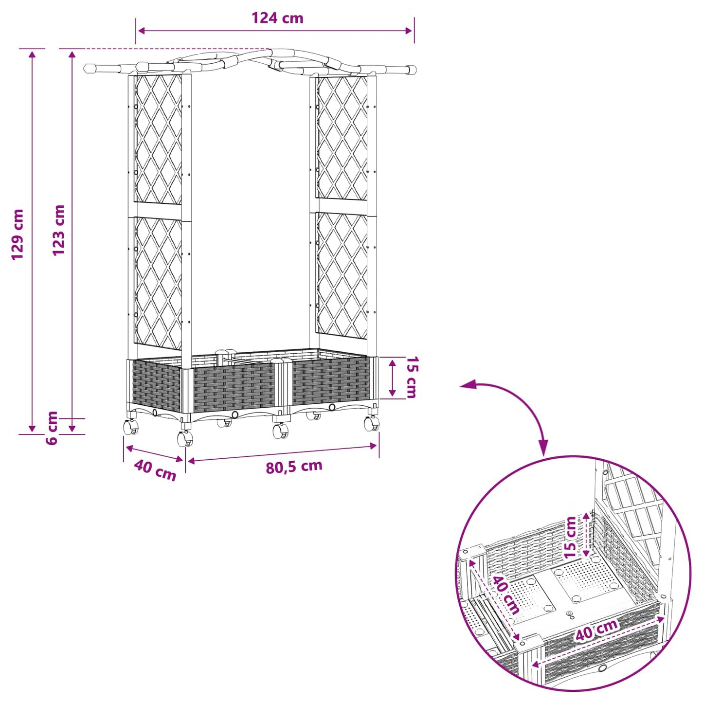 Hevet Bed med Trellis og Tak Brun 124 x 40 x 129 cm PP