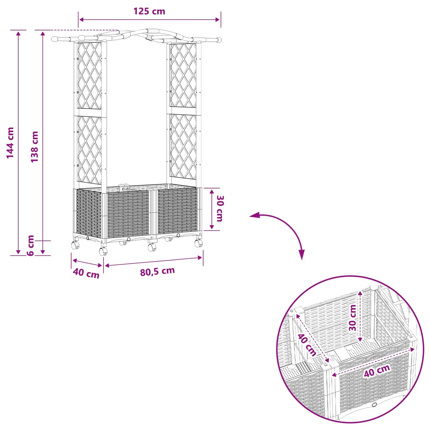 Hevet Bed med Trellis og Tak Svart 125 x 40 x 144 cm PP
