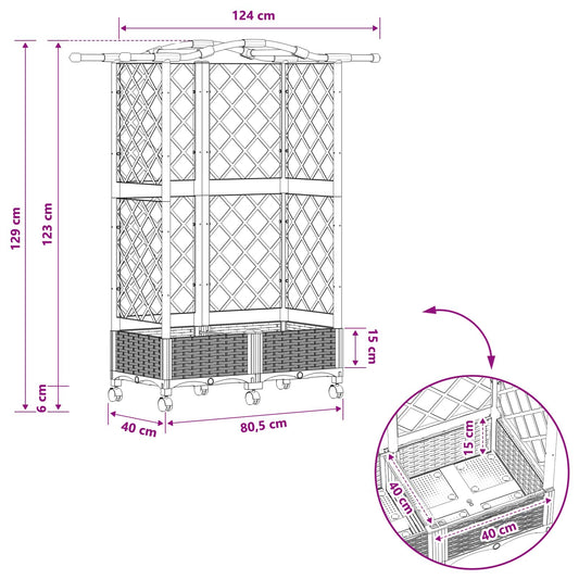 Hevet Bed med Trellis og Tak Lysegrå 124 x 40 x 129 cm PP