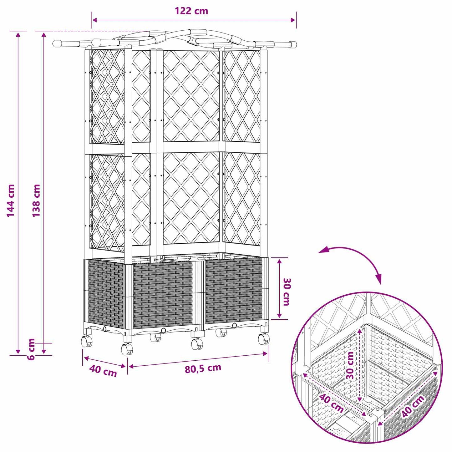 Hevet Bed med Trellis og Tak Svart 122 x 40 x 144 cm PP