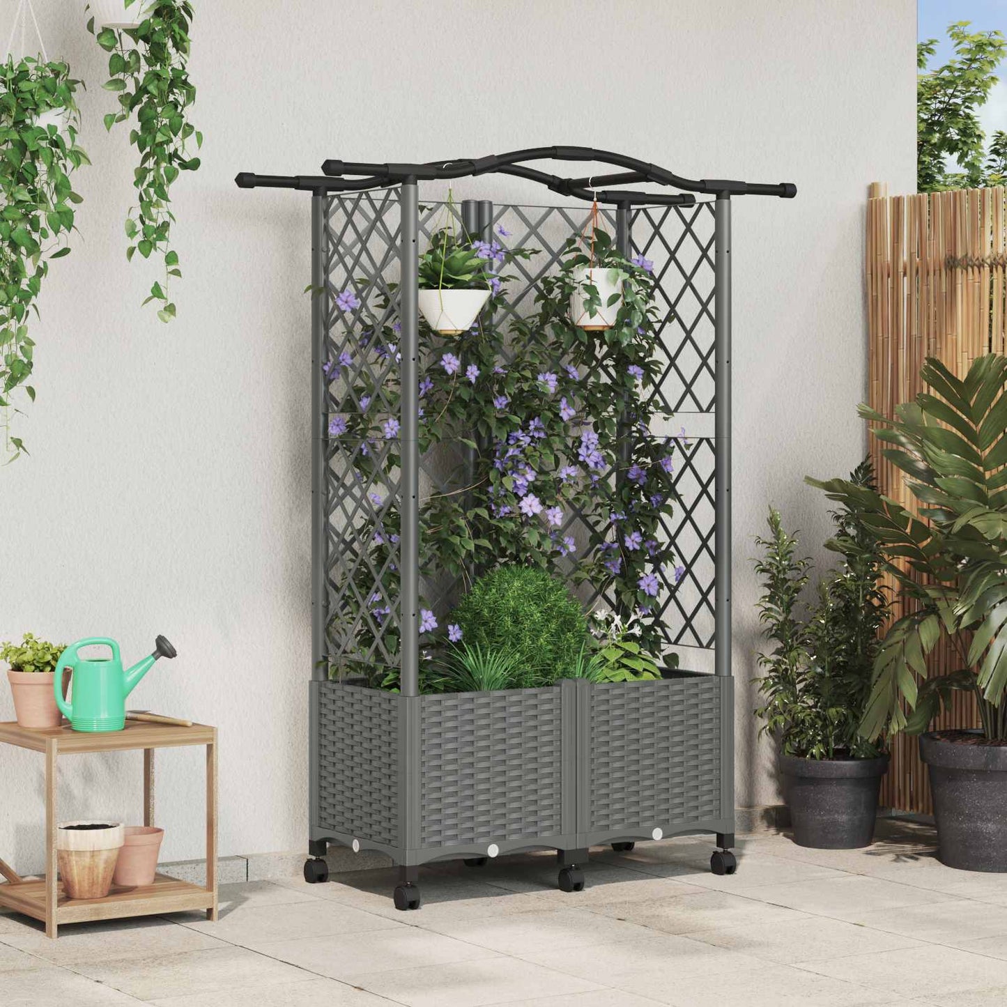 Hevet Bed med Trellis og Tak Lysegrå 122 x 40 x 144 cm PP