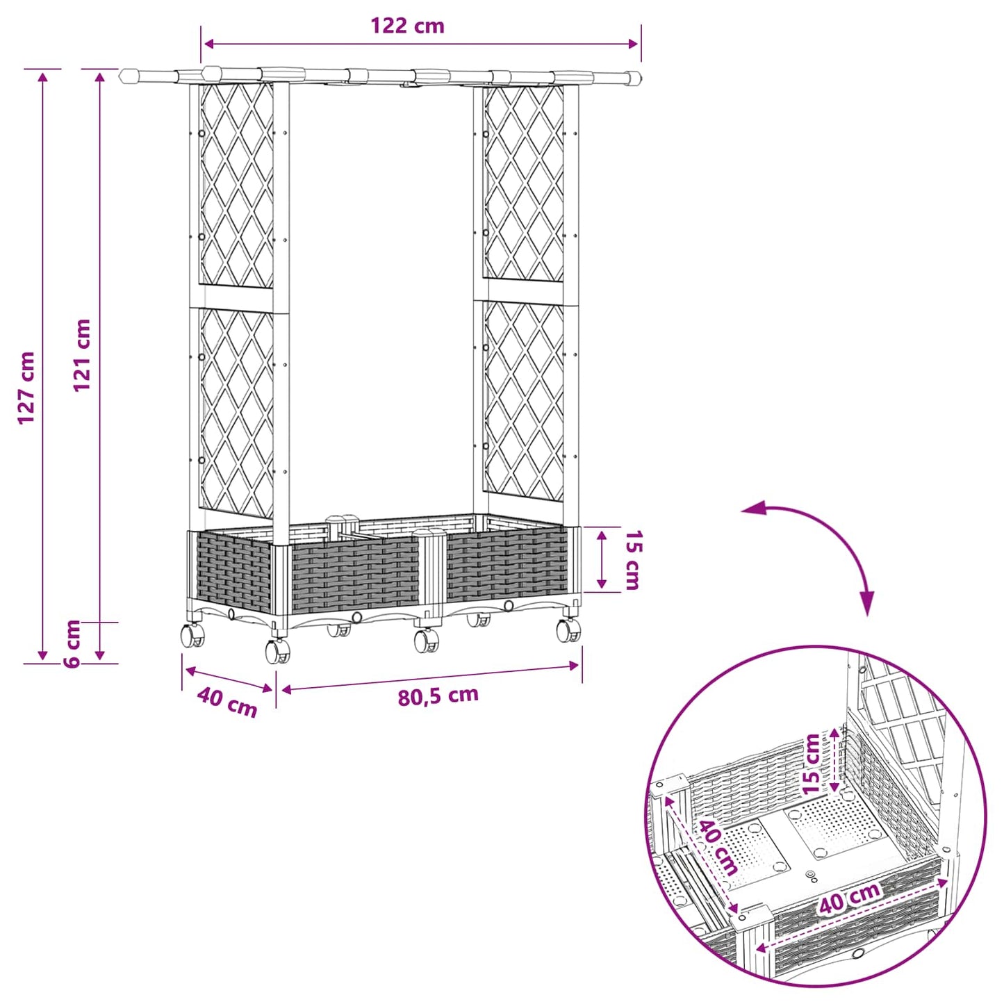 Hevet Bed med Trellis og Tak Svart 122,5 x 40 x 127 cm PP