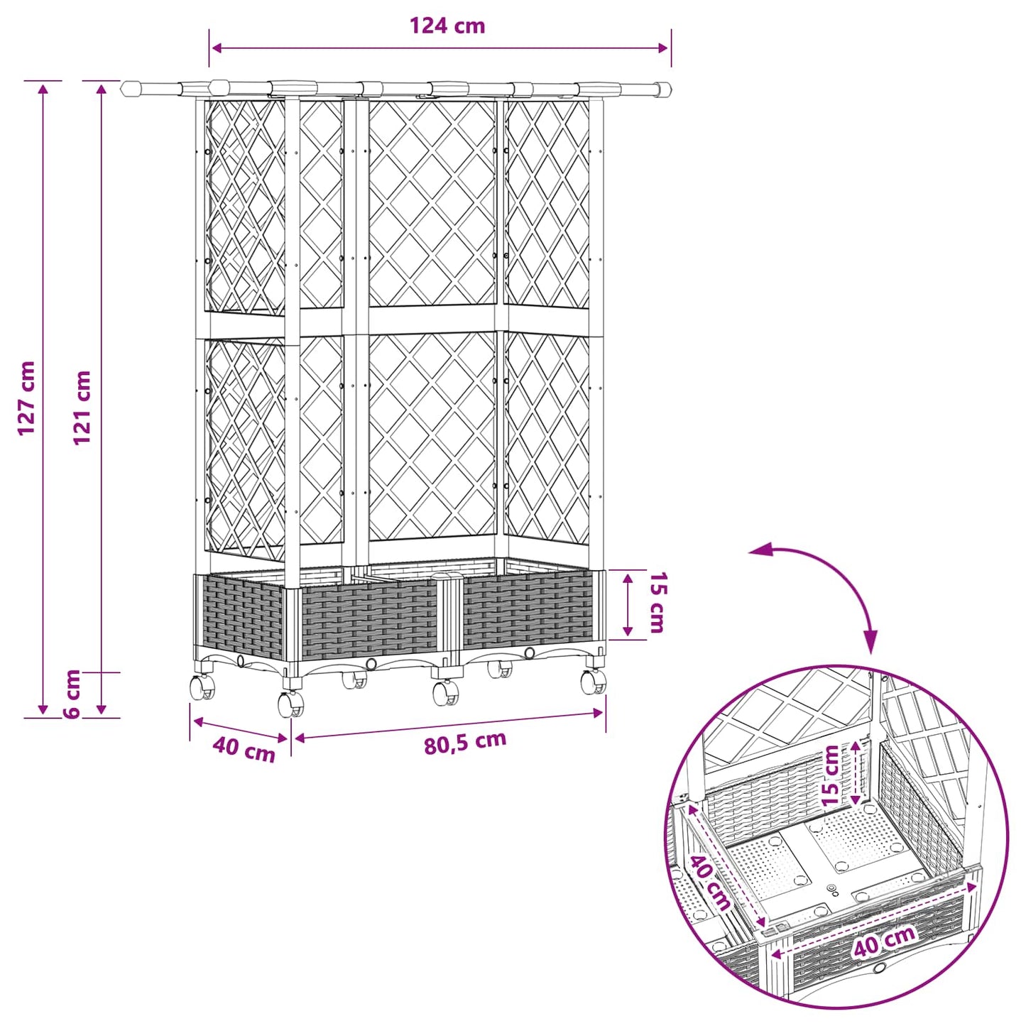 Hevet Bed med Trellis og Tak Lysegrå 124 x 40 x 127 cm PP