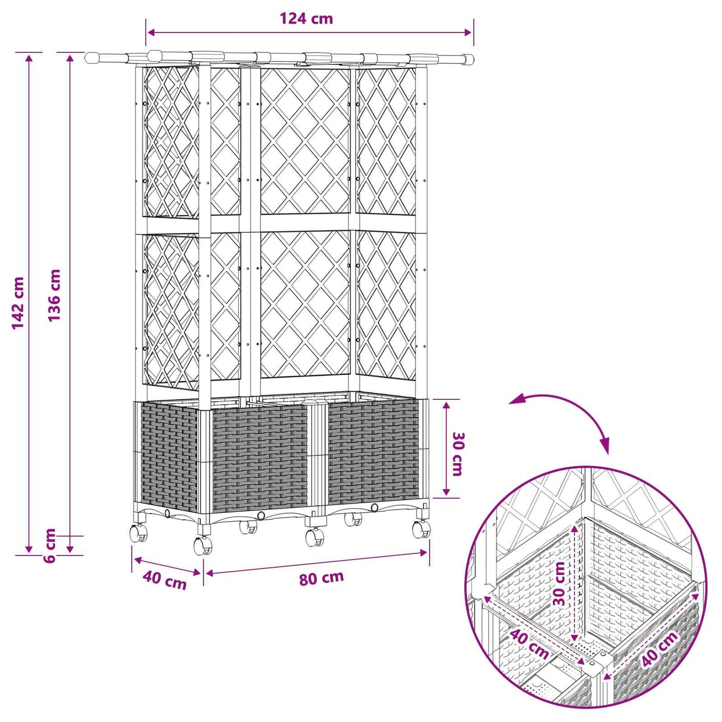 Hevet Bed med Trellis og Tak Lysegrå 124 x 40 x 142 cm PP