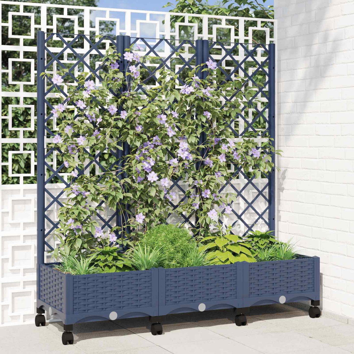 Hageplanter med espalier og hjul Blågrå 120 x 40 x 131,5 cm PP