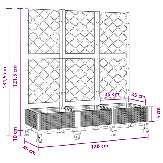 Hageplanter med espalier og hjul Lysegrå 120 x 40 x 131,5 cm PP